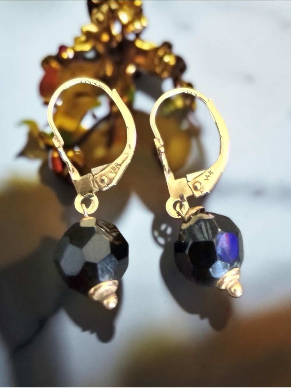 14K Yellow Gold Black Onyx Leverback Drop Earrings 2.00g